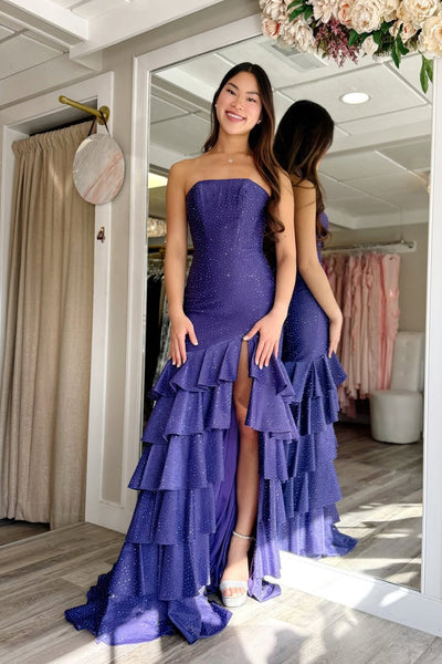 Sparkly Mermaid Strapless Purple Hot Fix Satin Prom Dress with Slit DM16021104