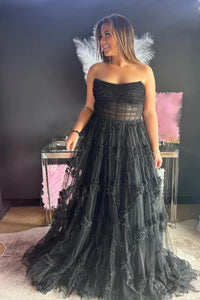Black Corset A-Line Strapless Long Prom Dress with Ruffles DM3082707