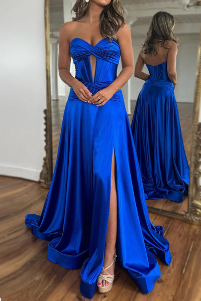 Royal Blue A-Line Corset Satin Long Prom Dress with Slit MD122704