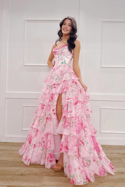Sweet A Line Sweetheart Pink Floral Chiffon Tiered Prom Dress with Slit DM3213907