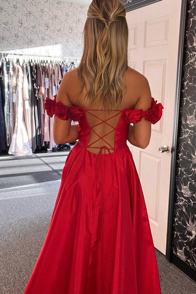 Red Satin Off the Shoulder A-Line Long Prom Dresses with Slit MD120103