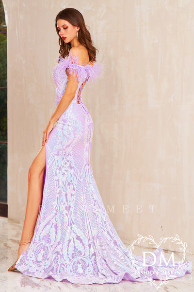 Lilac Off the Shoulder Mermaid Sequins Lace Long Prom Dress MD121910