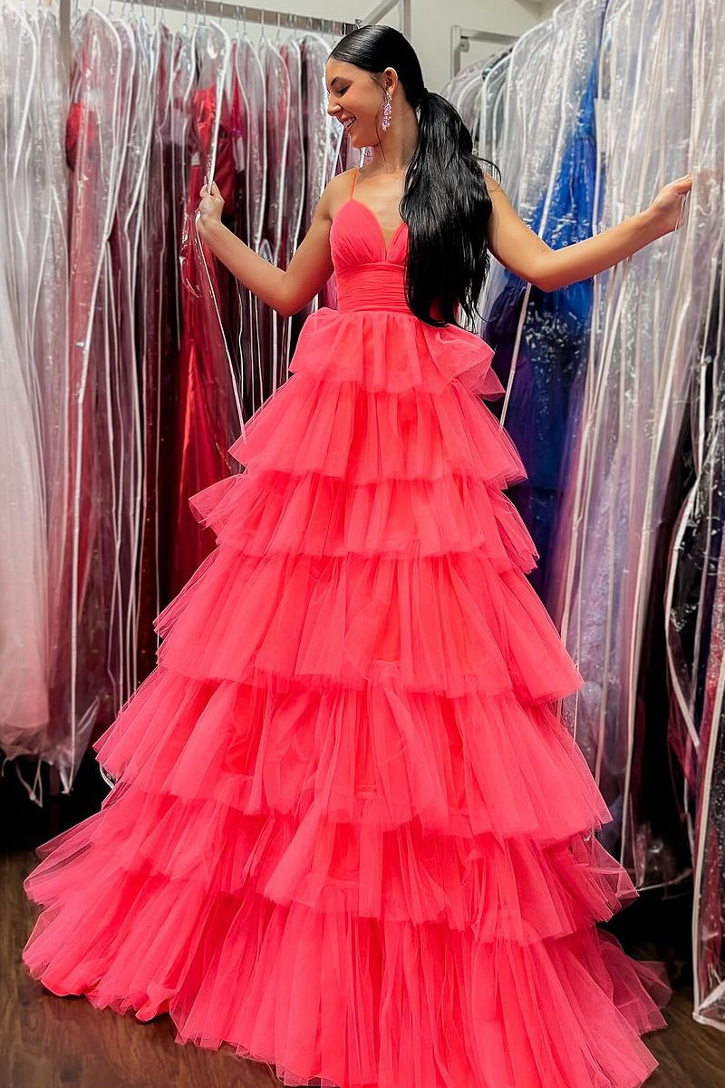 A Line V Neck Fuchsia Tiered Tulle Prom Dress with Slit MD4010202