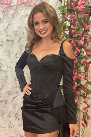 Black Sweetheart Cold-Shoulder Ruched Cocktail Gown MD092110