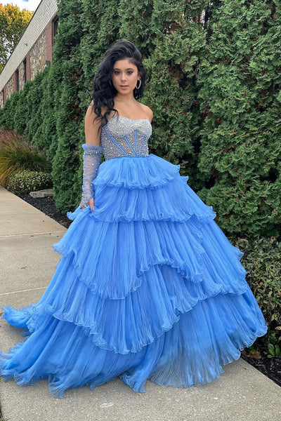 Blue Strapless Tiered Tulle Prom Dress with Beading MD120101