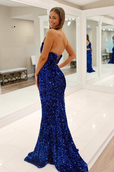 Sparkly Royal Blue Sequins Strapless Mermaid Long Prom Dress MD4031001