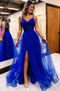 Royal Blue V-Neck Sheer Bodice A-Line Long Prom Dress with Slit MD112505