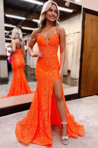 Mermaid Spaghetti Straps Orange Sequins Long Prom Dress with Slit MD4050604