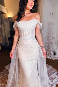 White Sequins Off the Shoulder Mermaid Wedding Dresses MD120401