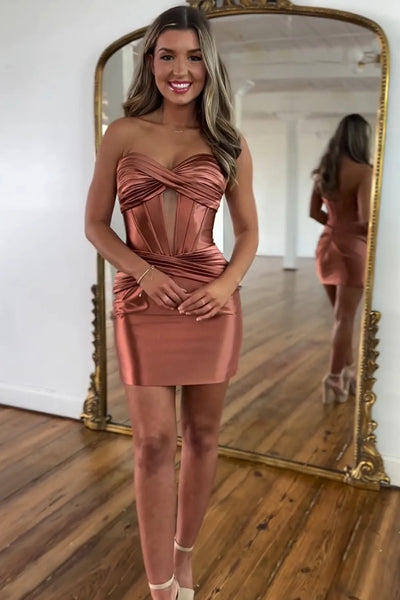 Brown Strapless Keyhole Satin Short Tight Homecoming Dresses DM24071511