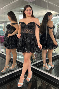 Sparkly Black Corset Tiered Lace A-Line Homecoming Dress LD3070701