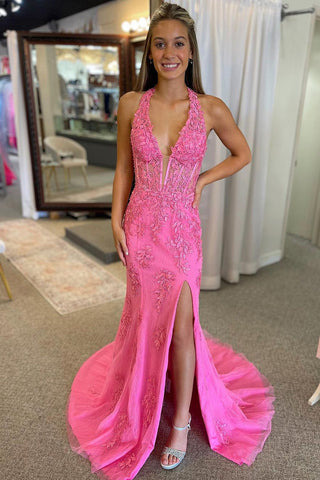 Charming Mermaid V Neck Pink Lace Long Prom Dresses with Appliques DM102405