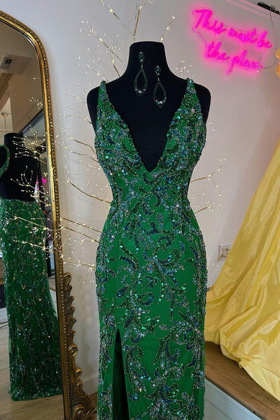 V Neck Dark Green Sequins Lace Mermaid Long Prom Dress with Slit MD4032803