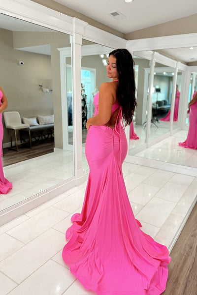 Mermaid V Neck Pink Elastic Satin Prom Dress DM1111403
