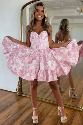 A-Line Strapless Pink Satin Short Homecoming Dresses DM24071906