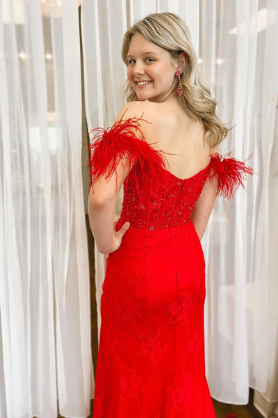 Off the Shoulder Red Corset Prom Dress with Slit DM3082828