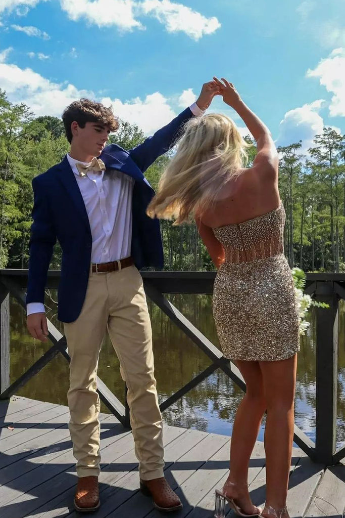 Bodycon Strapless Gold Sequins Short Homecoming Dresses with Beadings DM24091005 Dressmeet Bodycon Strapless Gold Sequins Short Homecoming Dresses with Beadings DM24091005 Dressmeet