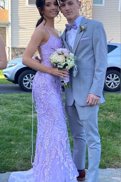 Elegant Spaghetti Straps Scoop Neck Lilac Lace Appliques Mermaid Long Prom Dress DM25102806