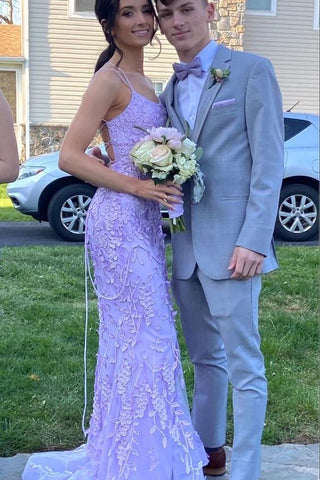 Elegant Spaghetti Straps Scoop Neck Lilac Lace Appliques Mermaid Long Prom Dress DM25102806