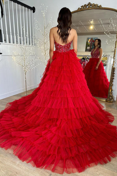 Princess A-Line Halter Ruffle Tiered Tulle Long Prom Dress with Slit MD4033105