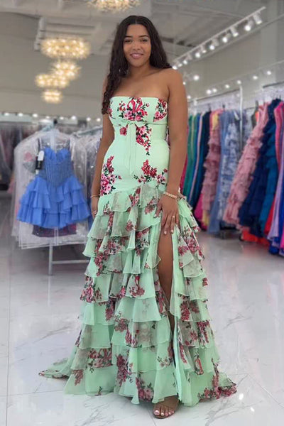 Sweet Mermaid Strapless Light Green Floral Tiered Prom Dress DM52122601
