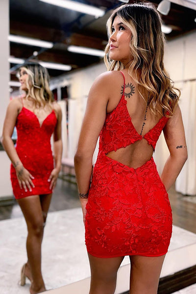 Cute Red V Neck Lace Short Homecoming Dresses LD3061709