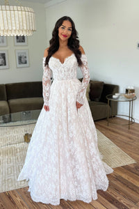 Vintage Off the Shoulder Foral Lace Long Sleeves Wedding Dresses MD4062307