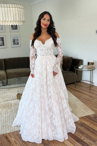 Vintage Off the Shoulder Foral Lace Long Sleeves Wedding Dresses MD4062307