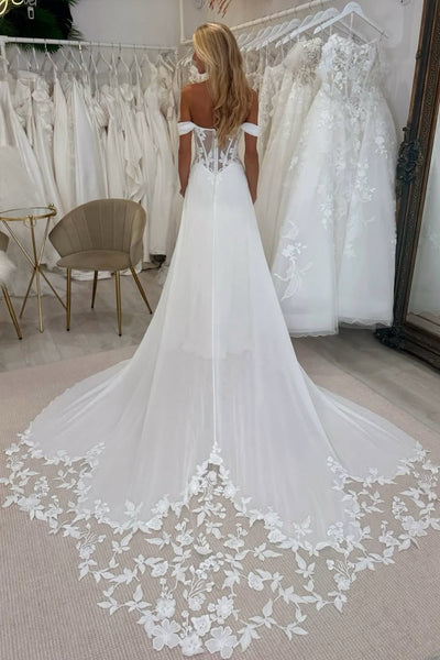 A Line Off the Shoulder Chiffon Wedding Dress with Appliques DM26011308