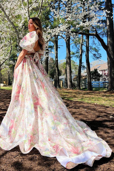 Princess Two Piece Floral Printed Long Prom Dresses with Slit MD4040305