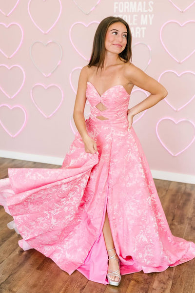 A Line Sweetheart Keyhole Pink Jacquard Satin Prom Dress with Slit DM52112301