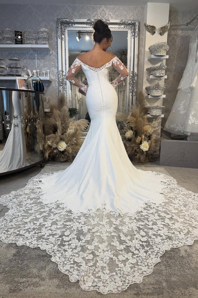 Elegant Mermaid Off the Shoulder Satin Prom Dress with Appliques DM1111806