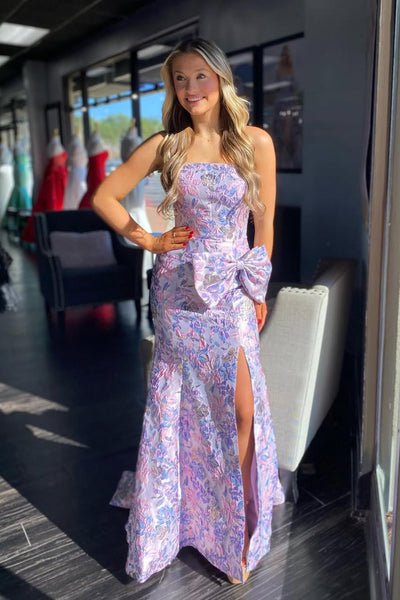 Mermaid Strapless Lavender Jacquard Satin Prom Dress with Slit DM1613804