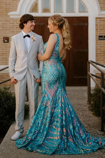 Mermaid V Neck Blue Sequin Long Prom Dress MD4030202