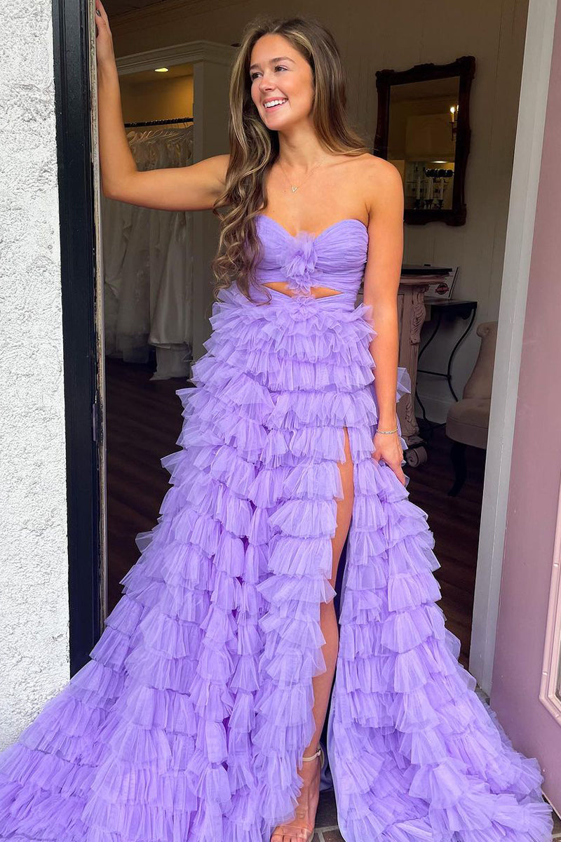 Lavender Tiered Tulle Sweetheart A-Line Long Prom Dress MD112403