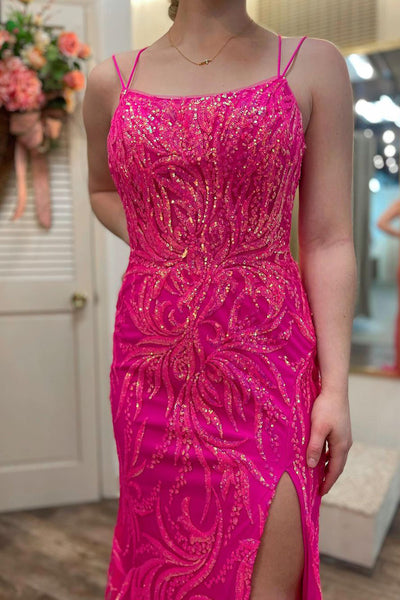 Fuchsia Scoop Neck Sequins Lace Mermaid Long Prom Dress MD4021705