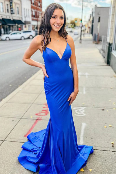 Blue Spaghetti Straps Mermaid Prom Dress MD092906