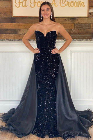 Black Sequin Strapless Mermaid Formal Dress with Attached Train MD092701
