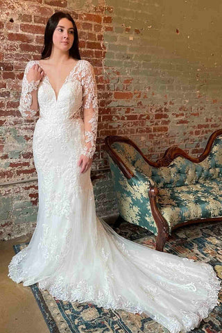Plunging V-Neck Lace Bridal Dress with Illusion Sleeves LD3061904