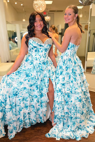 A-Line Strapless Blue Floral Printed Ruffle Tiered Long Prom Dresses with Beadings DM25041001