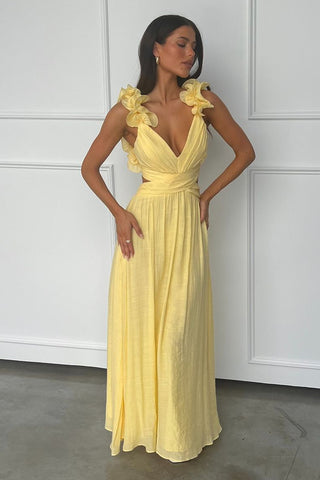 Yellow V Neck A-Line Satin Long Prom Dress MD4041501
