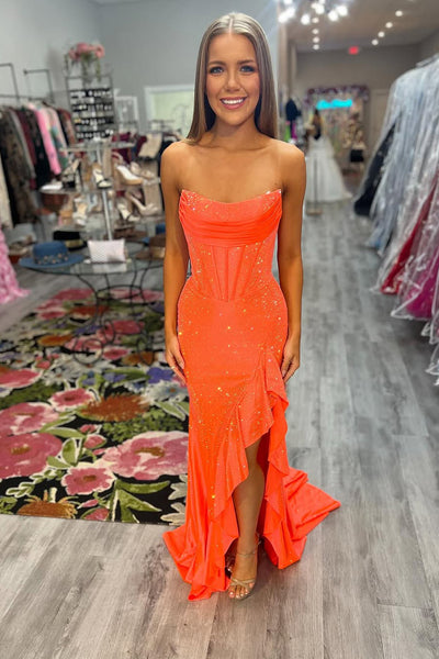 Cute Mermaid Scoop Neck Orange Satin Prom Dresses with Beading DM242908