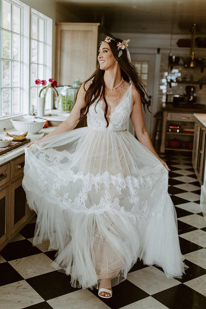 Boho V-Neck Lace Tulle Wedding Dress LD3061902 Dressmeet Boho V-Neck Lace Tulle Wedding Dress LD3061902 Dressmeet