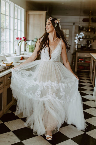 Boho V-Neck Lace Tulle Wedding Dress LD3061902