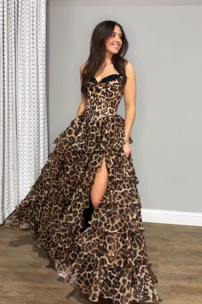 Cute A Line Sweetheart Leopard Chiffon Tiered Prom Dress DM26011307