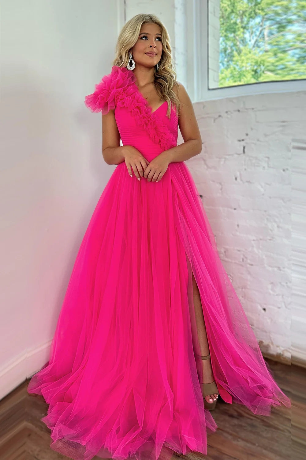 Fuchsia A-Line One Shoulder Long Tulle Prom Dress with Ruffles DM3082704