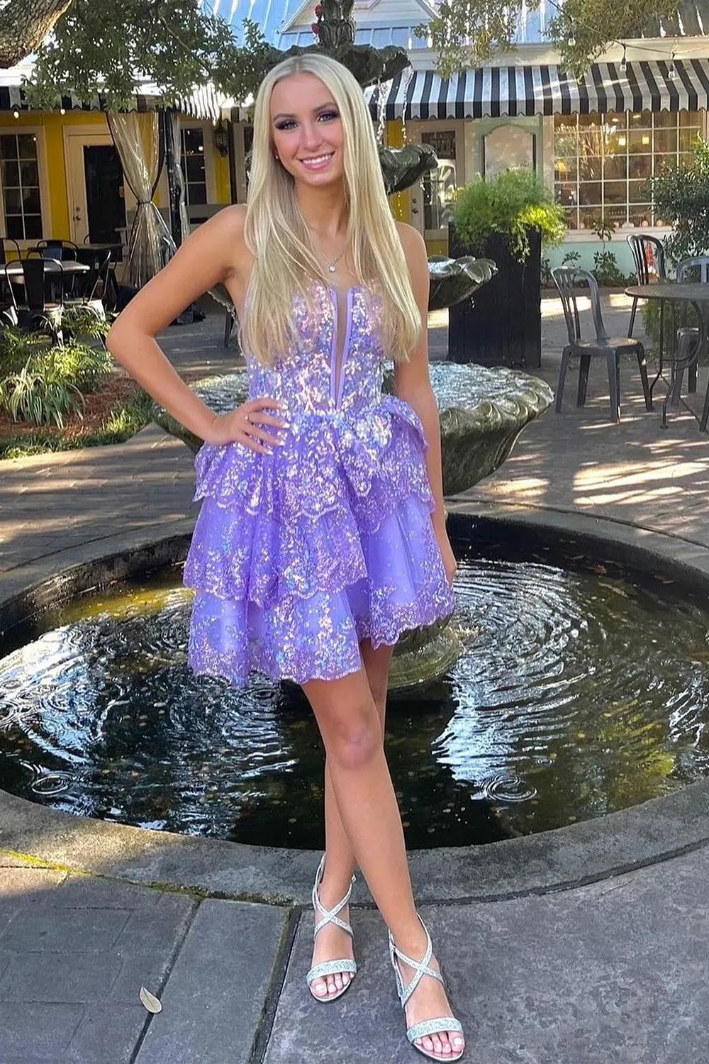 Cute A-Line Sweetheart Lilac Sequin Tiered Short Homecoming Dresses DM24071902