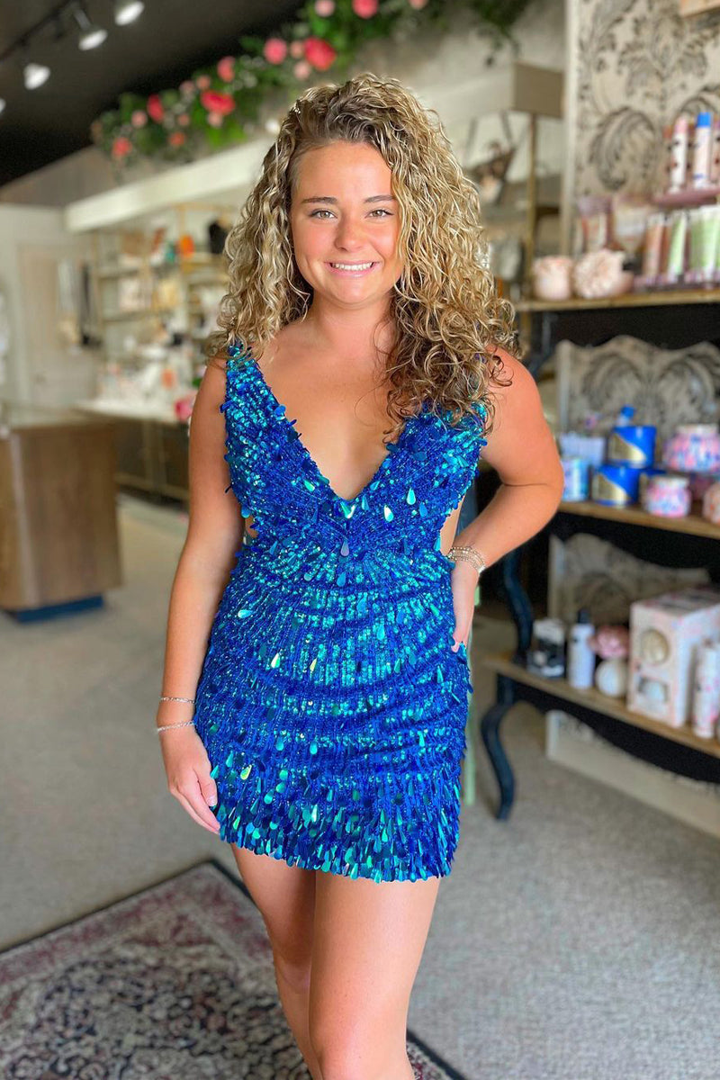 Bodycon V Neck Royal Blue Sequins Short Homecoming Dresses with Beading MD4061802