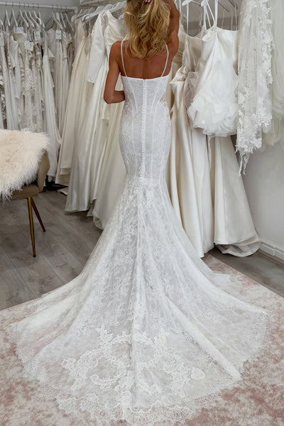 Gorgeous Mermaid V Neck White Lace Wedding Dresses with Train DM26103005