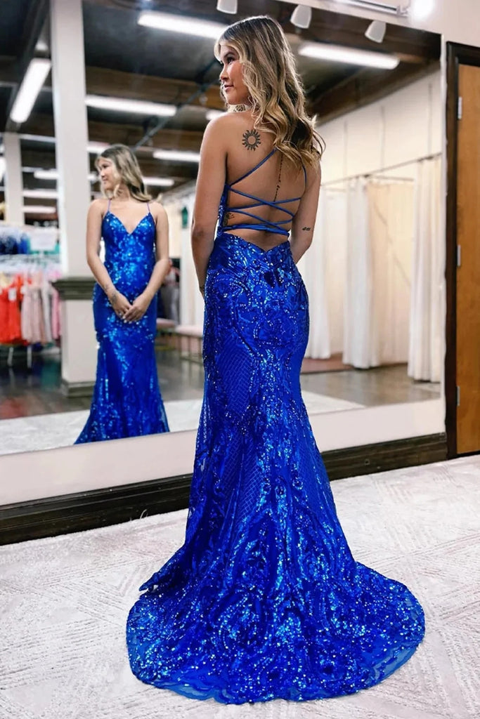 Sparkly Mermaid Backless Light Blue Sequins Lace Long Prom Dress MD110601 – Dressmeet